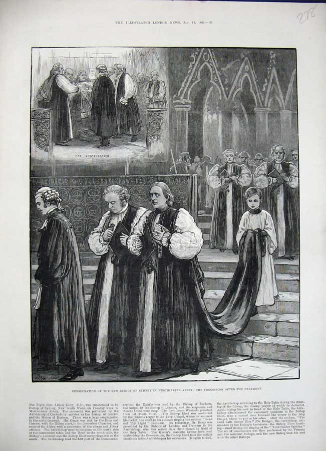 Old Antique Print 1884 Consecration Bishop Sydney Westminster Abbey Art 19th