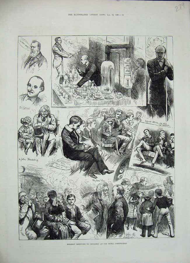 Old Antique Print 1884 Children Royal Institution Professor Dewar School 19th
