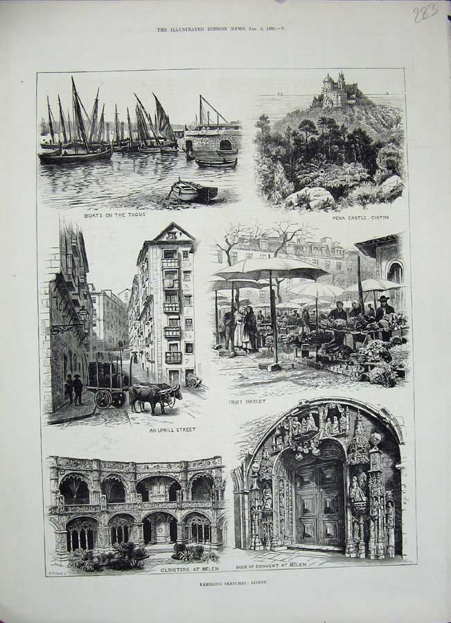 Original Old Antique Print 1884 Lisbon Portugal Tagus Pena Castle Convent Belem