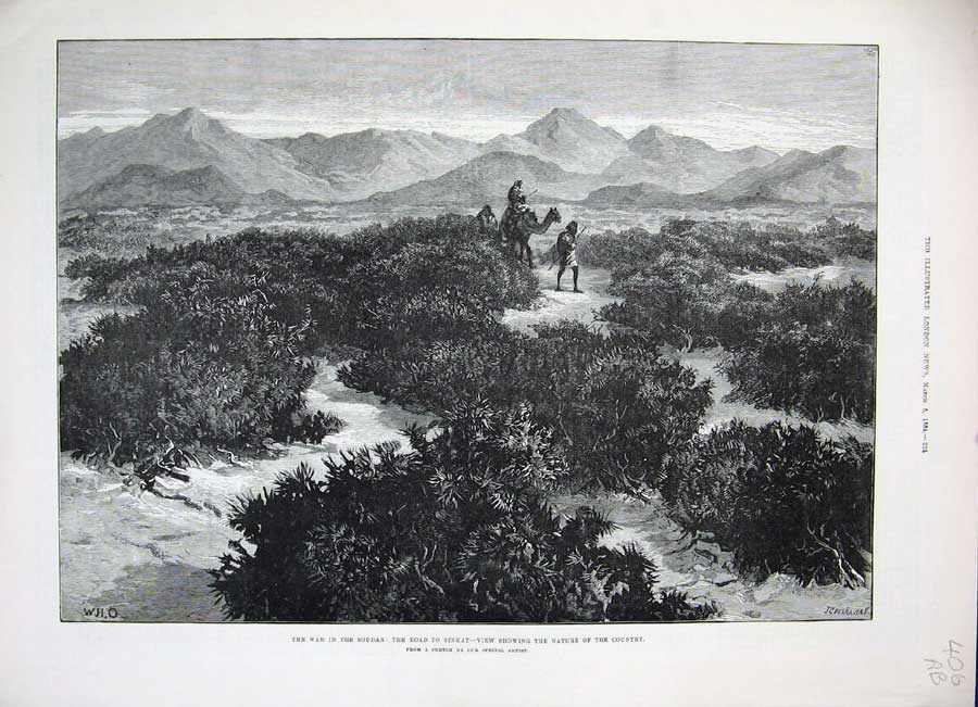Old Antique Print 1884 War Soudan Sinkat Camel Mountains Bazaar Souakim 19th