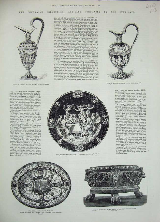 Old Antique Print 1884 Fountaine Collection Cistern Plate Ewer Palissy 19th