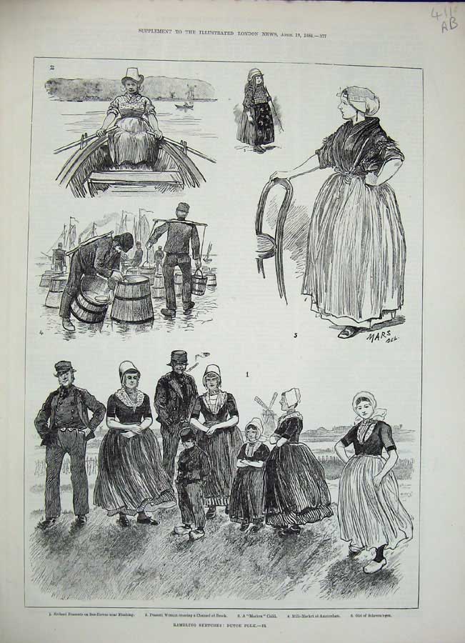 Antique Old Print 1884 Dutch Folk Butter Market Middelburg Haarlem Farmer 19th