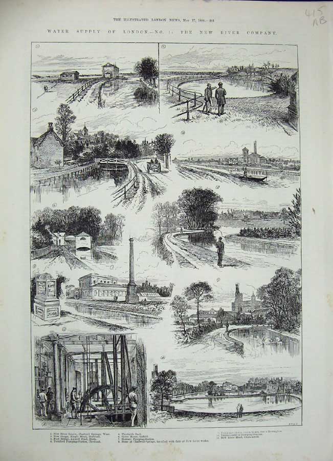 Old Antique Print 1884 London Water Supply Ware Theobalds Finsbury Park 19th