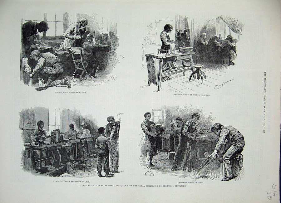 Old Antique Print 1884 School Industries Austria Technical Education Art 19th