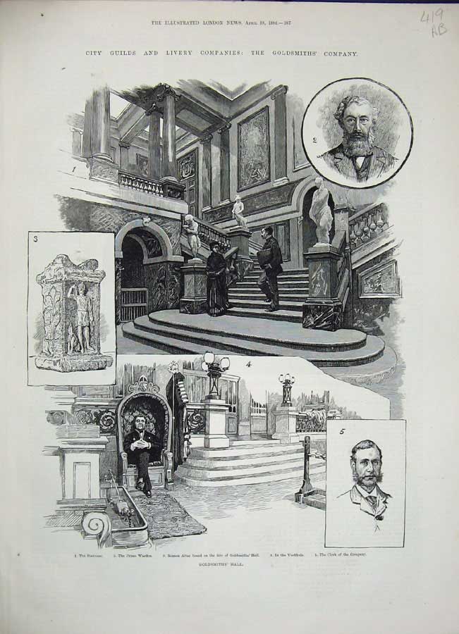 Old Antique Print Gsmiths Hall 1884 Warden Roman Altar Clerk Cup Plate 19th