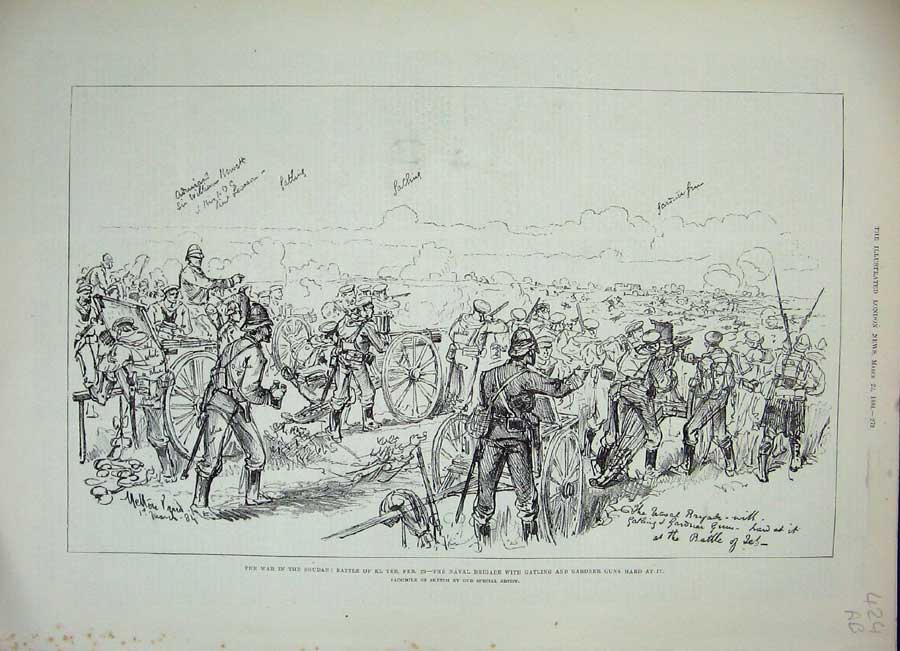 Antique Old Print Battle El Teb Gatling 1884 War Soudan Highlanders Naval 19th