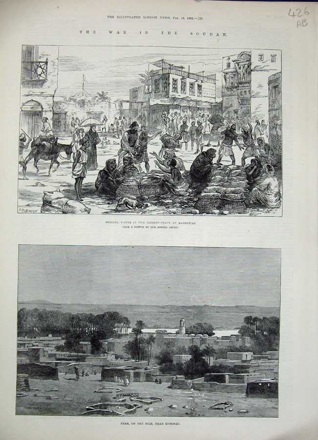 Original Old Antique Print 1884 War Soudan Market Massowah Derr Korosko Desert