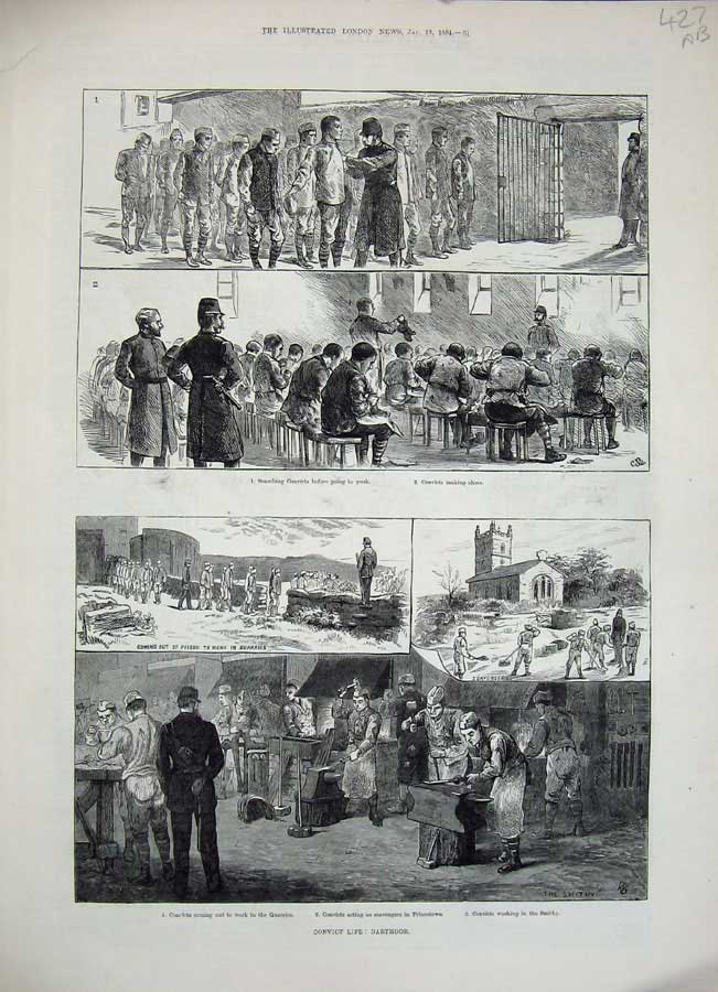 Old Antique Print 1884 Dartmoor Convict Life Smithy Quarries Tailors Art 19th