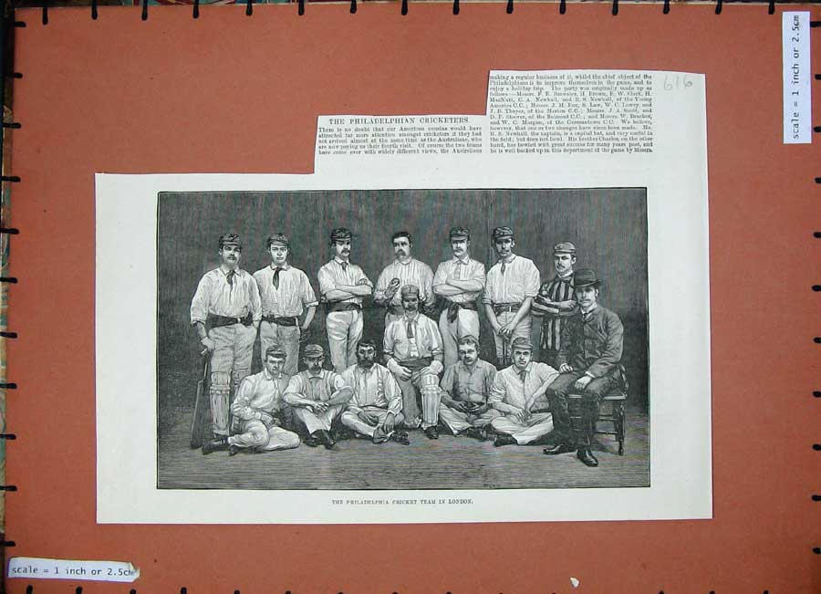 Original Old Antique Print 1884 Philadelphia Cricket Team Men London Sport 19th