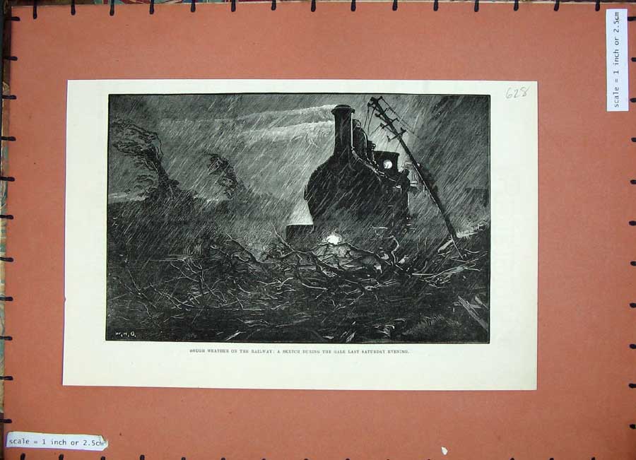 Original Old Antique Print 1884 Stormy Weather Railway Train Moonlight Rain Art