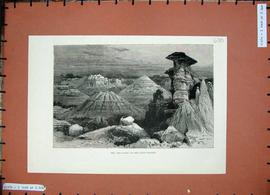 Original Old Antique Print Fine Art 1884 Bad Lands Little Missouri Mountains