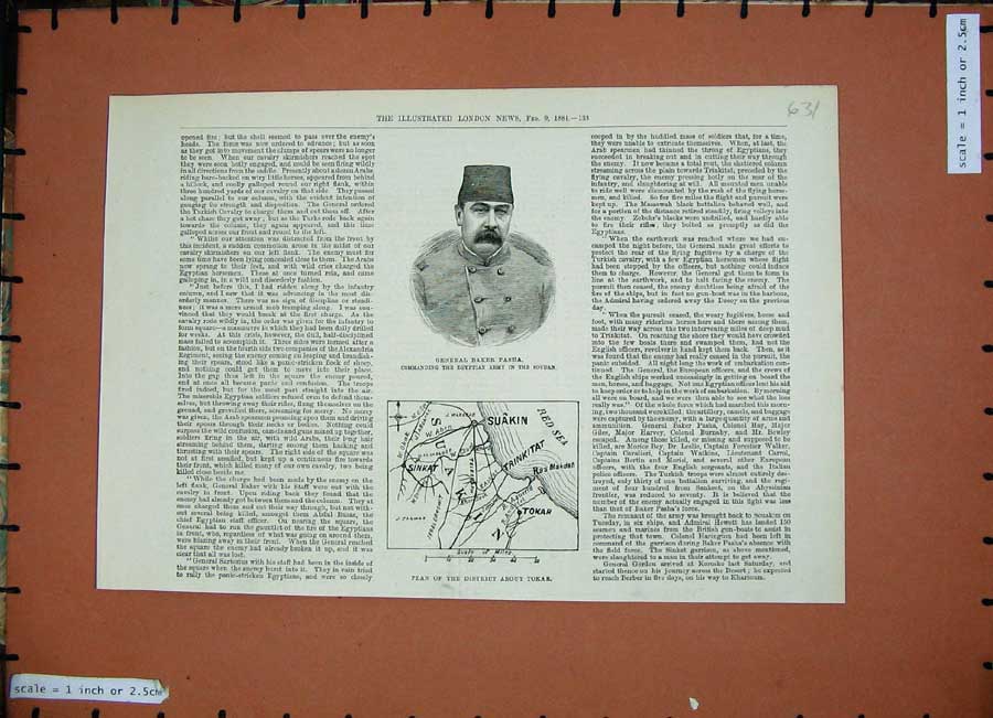 Original Old Antique Print General Baker Pasha Soudan 1884 Plan District Tokar