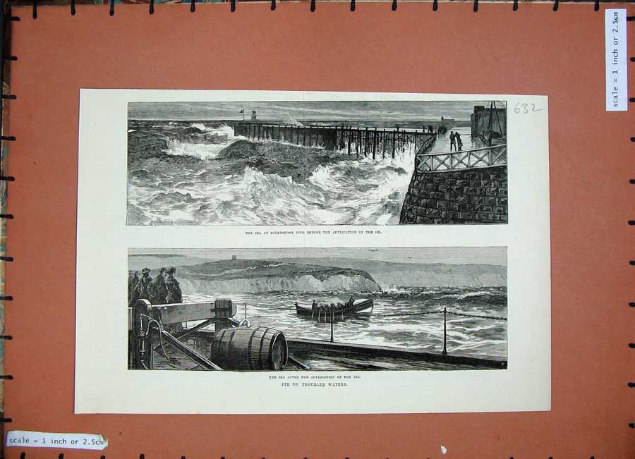 Old Antique Print 1884 Sea Folkestone Pier Storm Sea Oil Barrels Fine Art 19th