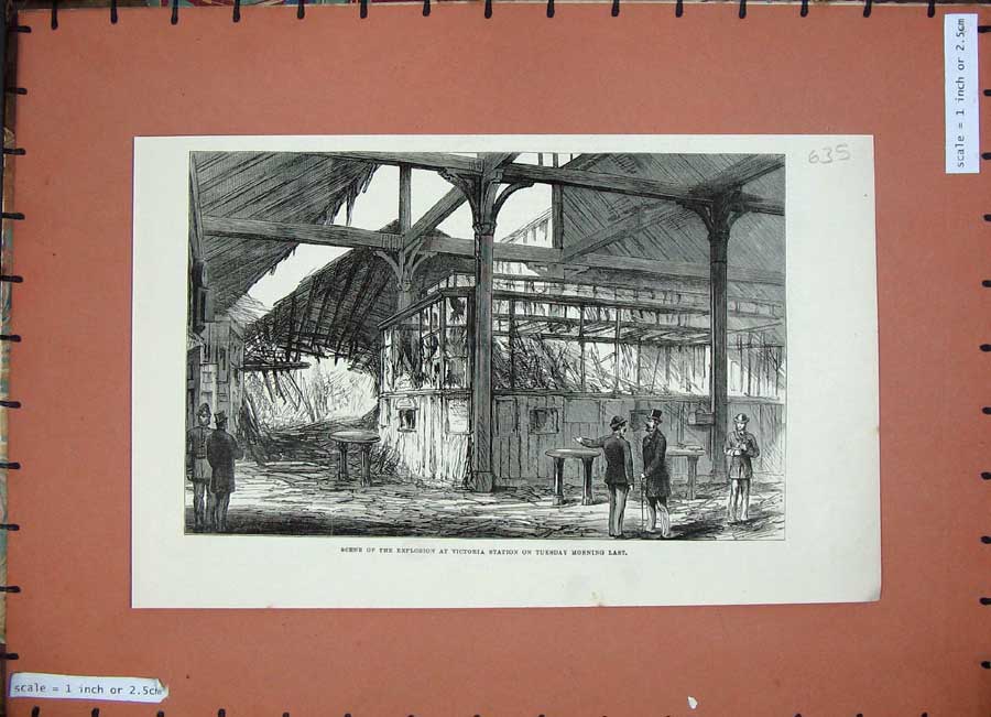 Old Antique Print 1884 Scene Explosion Victoria Station Railway Building 19th