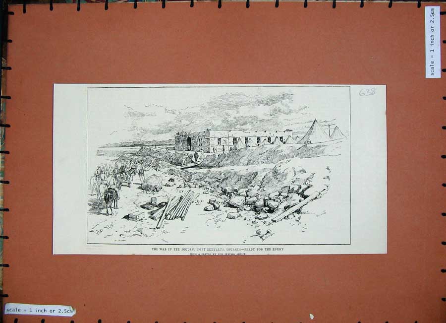 Original Old Antique Print 1884 War Soudan Fort Euryalus Souakim Siers Horses