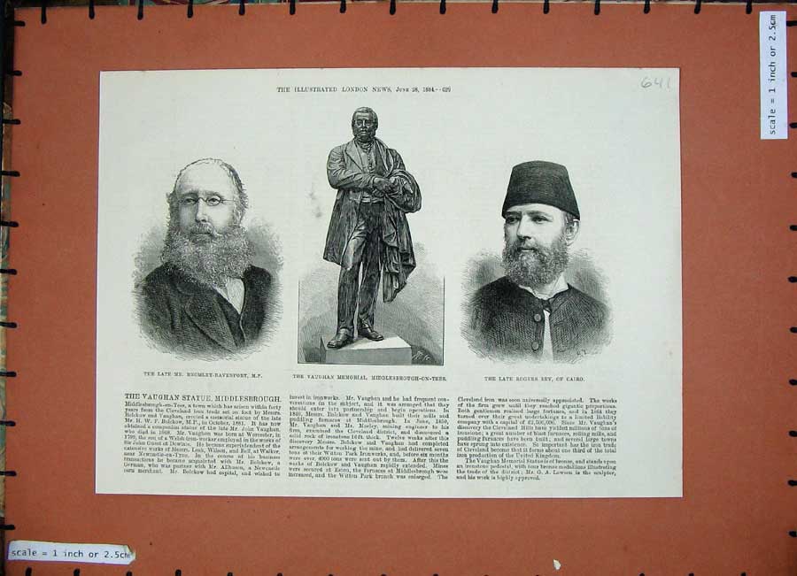 Old Antique Print Vaughan Memorial 1884 Rober Bey Bromley-Davenport Men 19th