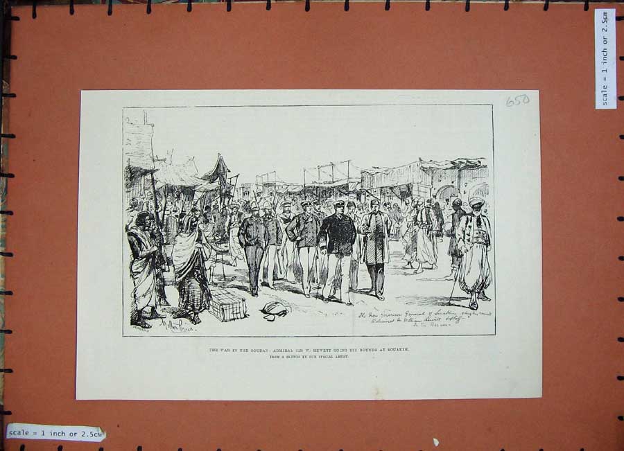 Original Old Antique Print 1884 War Soudan Admiral Hewett Souakim Siers Army