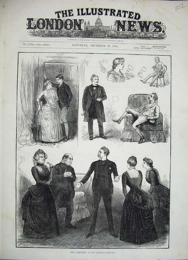 Old Antique Print 1884 Scene Candidate Criterion Theatre Romance Men Lady 19th