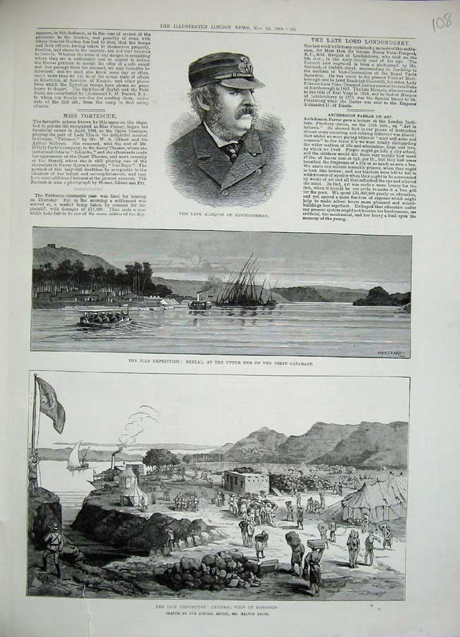 Original Old Antique Print 1884 Marquis Londonderry Shelal River Nile Korosko