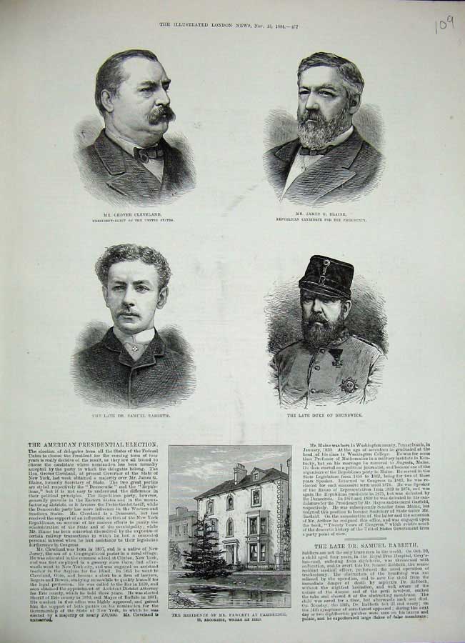 Original Old Antique Print 1884 Cleveland Blaine Duke Brunswick Rabbeth Fawcett