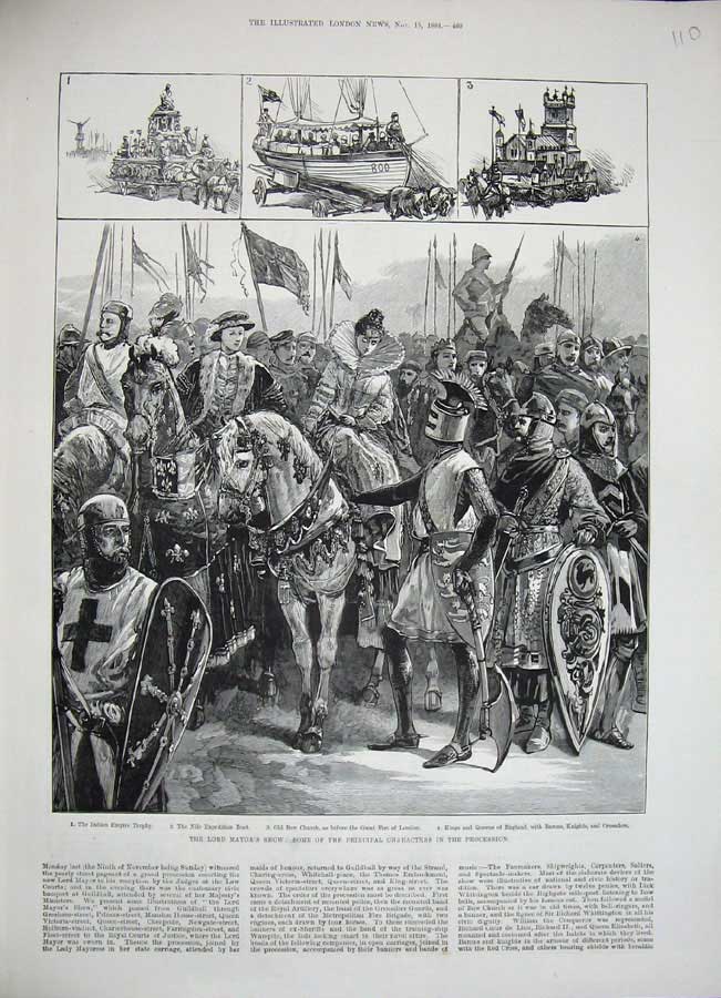 Old Antique Print 1884 Lord Mayor Show Procession Church Nile Boat Army 19th