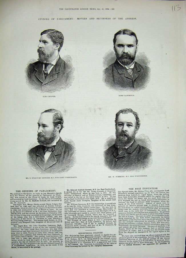 Original Old Antique Print 1884 Parliament Belper Lawrence Summers Howard Men