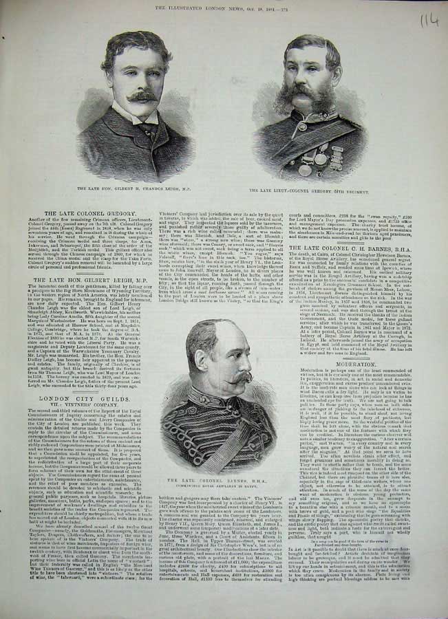 Original Old Antique Print 1884 Chandos Parliament War Gregory Colonel Barnes