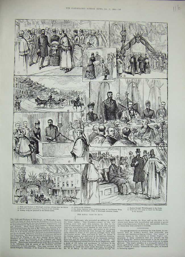 Original Old Antique Print 1884 Royal Visit Hull Mayor Duke Edinburgh Hospital