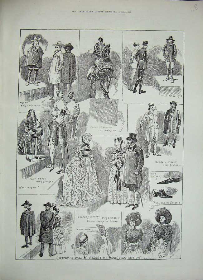 Original Old Antique Print 1884 Costumes Fashion Mealth Exhibition Horse Knight