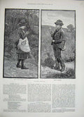 Original Old Antique Print 1884 Rustic Spells Children Playing Country Flowers