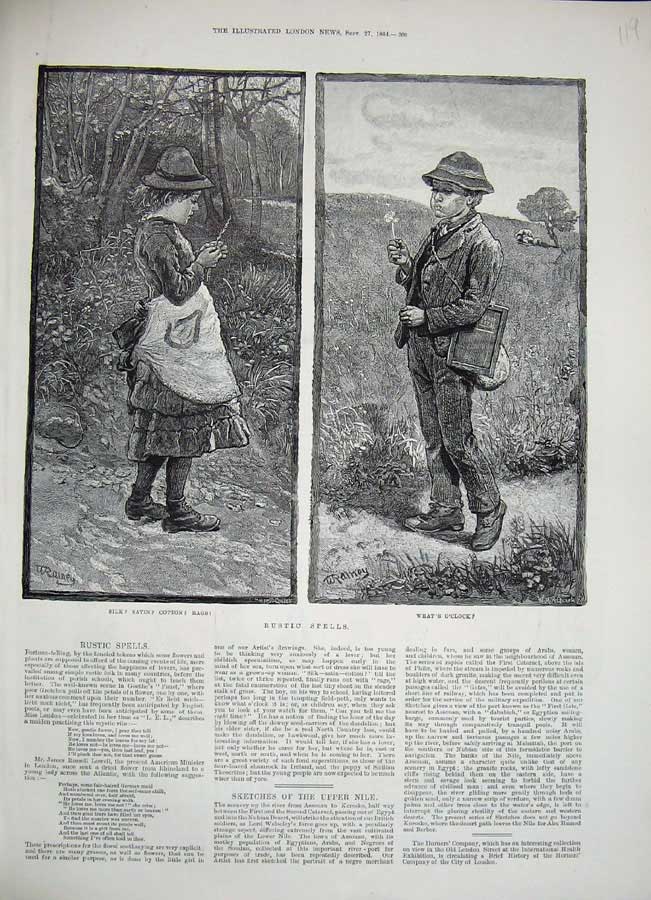 Original Old Antique Print 1884 Rustic Spells Children Playing Country Flowers