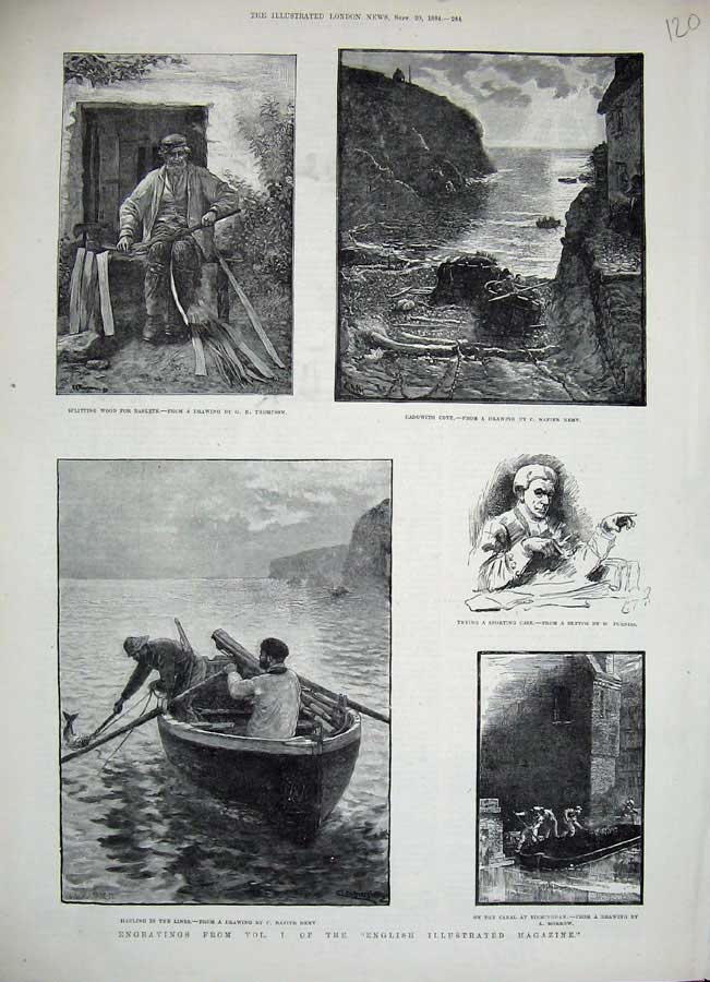 Old Antique Print 1884 Fishing Cadwith Cove Baskets Boat Canal Birmingham 19th