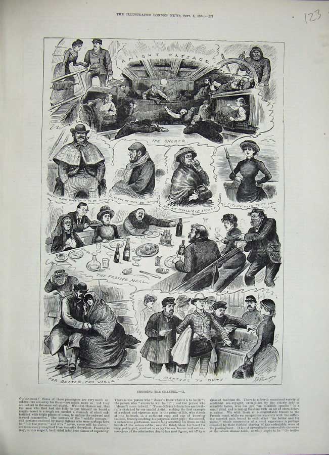 Original Old Antique Print 1884 English Channel Ferry Passengers People Dinner