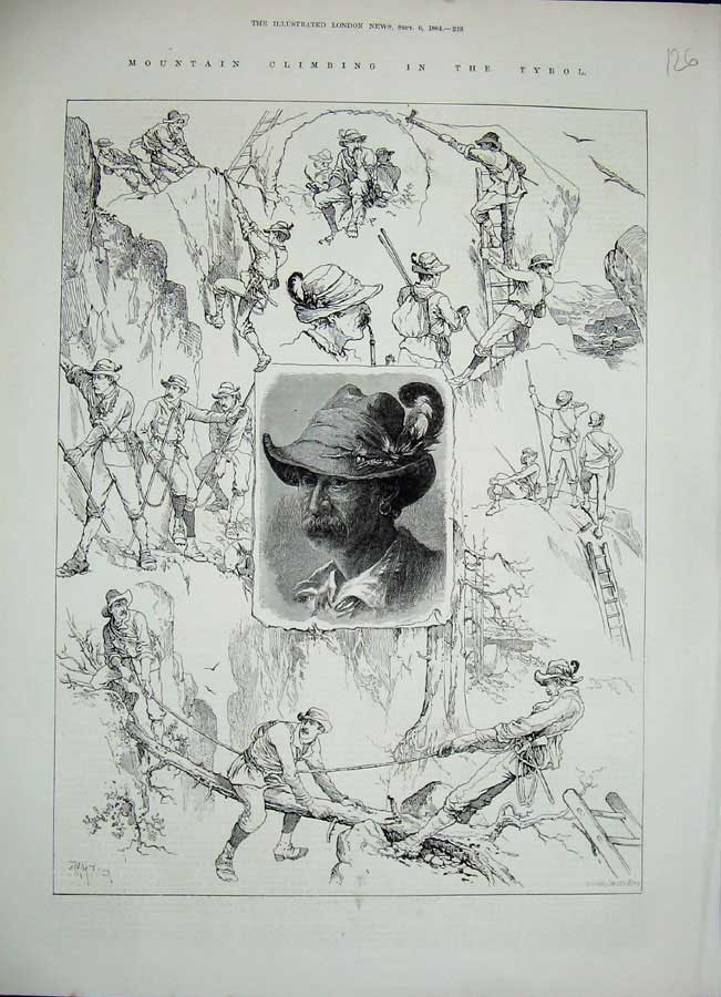 Original Old Antique Print 1884 Mountain Climbing Tyrol Men Mountaineering 19th