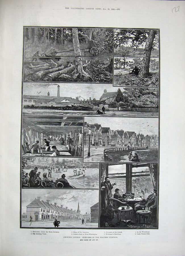 Original Old Antique Print 1884 London Lawn Tennis Workmens Houses England Art