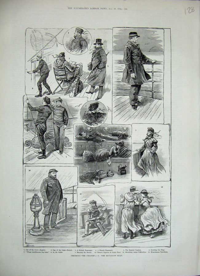 Original Old Antique Print 1884 English Channel Ferry Boulogne Boat Passengers