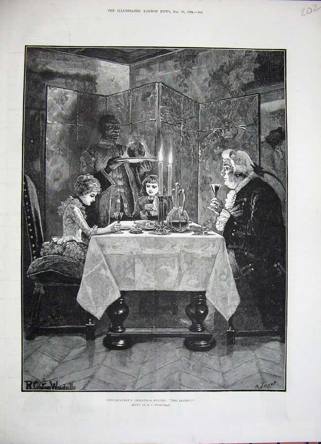 Old Antique Print 1884 Woodville Fine Art Grandfathers Christmas Dinner 19th