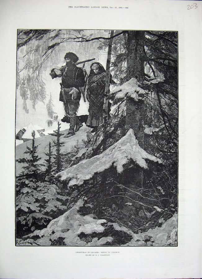 Original Old Antique Print 1884 Woodville Fine Art Christmas Canada People Snow