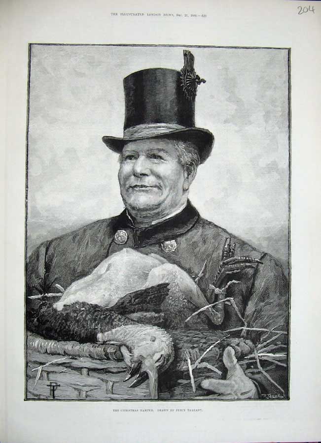 Old Antique Print 1884 Man Christmas Goose Hamper Uniform Percy Tarrant 19th