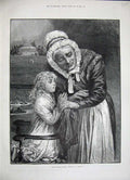 Original Old Antique Print 1884 Hunt Fine Art Lady Little Girl Praying People