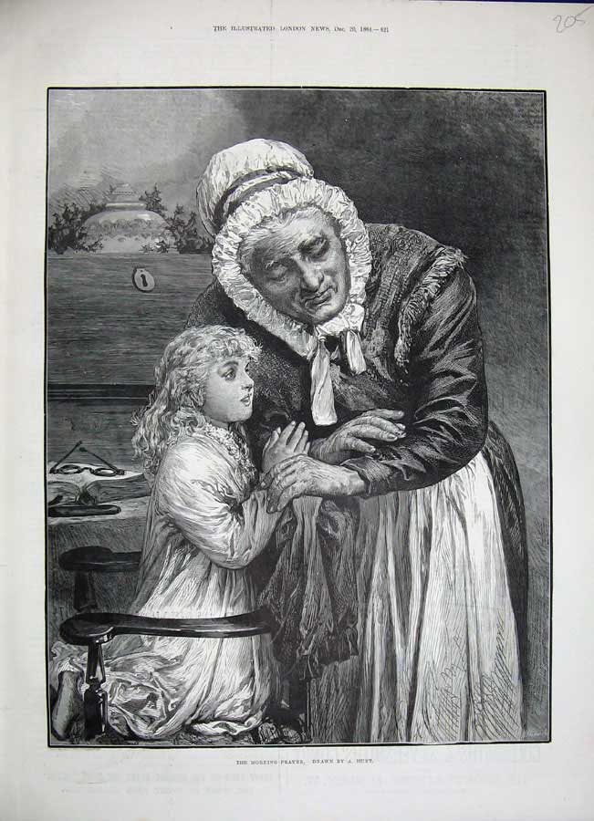 Original Old Antique Print 1884 Hunt Fine Art Lady Little Girl Praying People