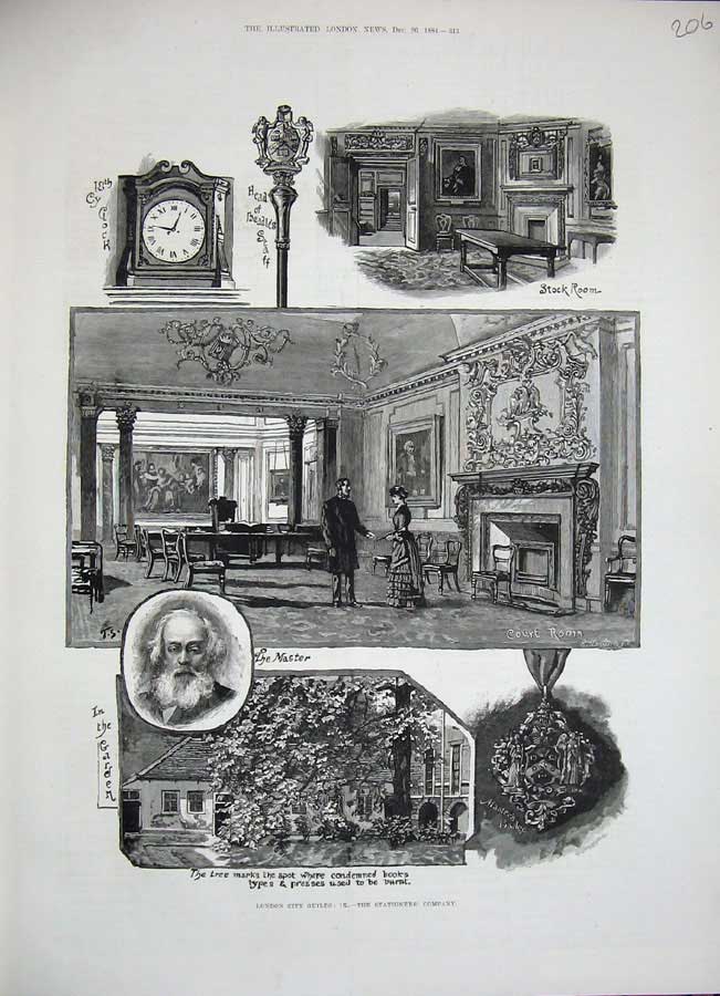 Original Old Antique Print 1884 London City Guilds Court Room Master Man Garden