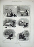 Original Old Antique Print 1884 Dadd Fine Art Little Girl Puppy Dog Bird Doll
