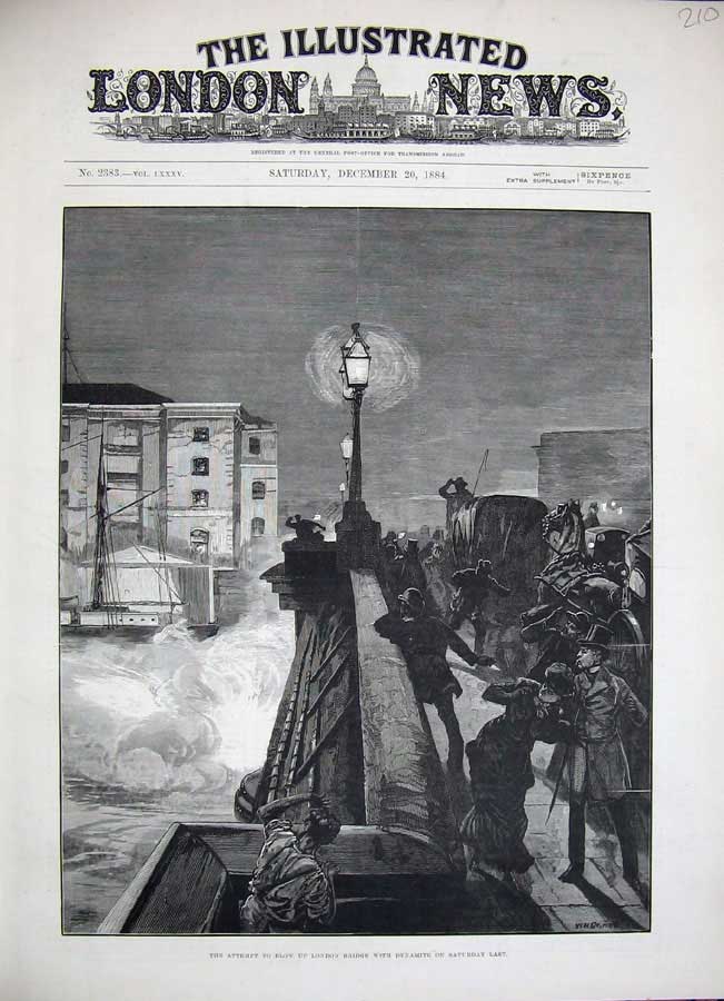 Old Antique Print 1884 London Bridge Dynamite Explosion River Thames Art 19th