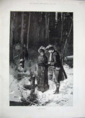 Original Old Antique Print 1884 Man Woman Romance Snow Winter Trees Fine Art