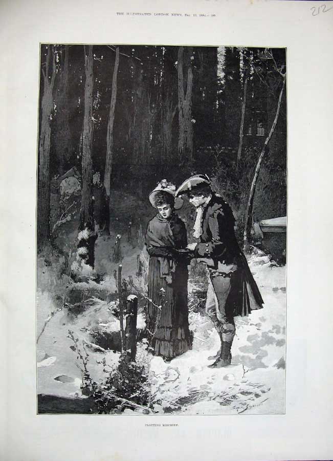 Original Old Antique Print 1884 Man Woman Romance Snow Winter Trees Fine Art
