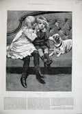 Old Antique Print 1884 Little Boy Girl Children Puppy Dog House Fine Art 19th