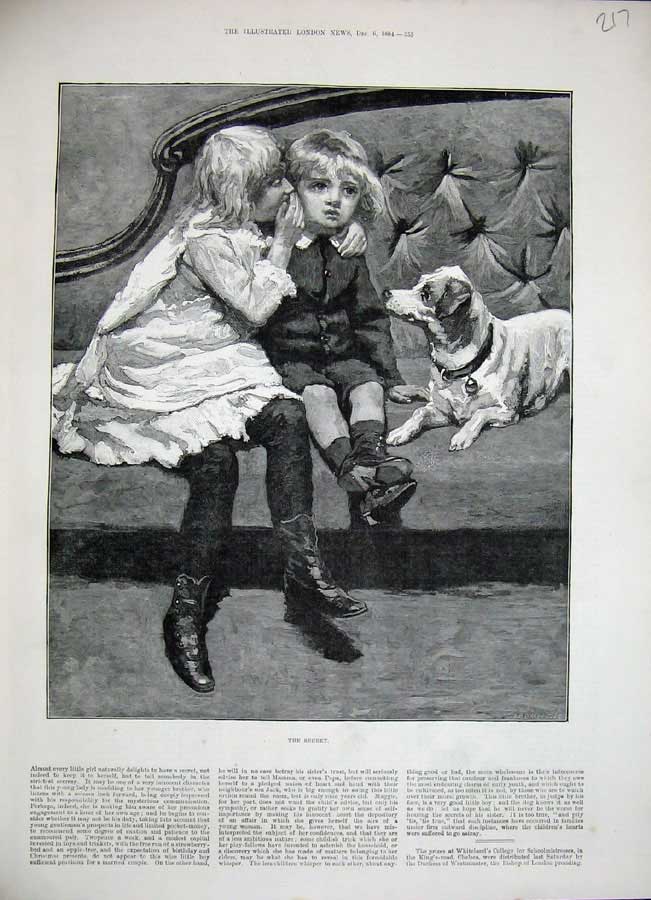Old Antique Print 1884 Little Boy Girl Children Puppy Dog House Fine Art 19th