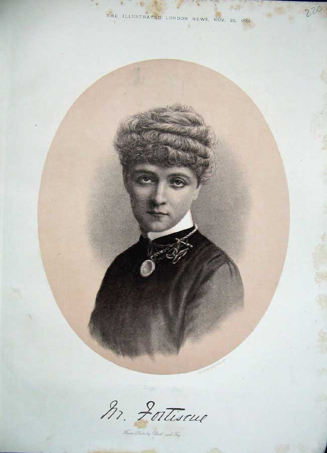 Original Old Antique Print 1884 Portrait Beautiful Lady Fortiscue Woman 19th