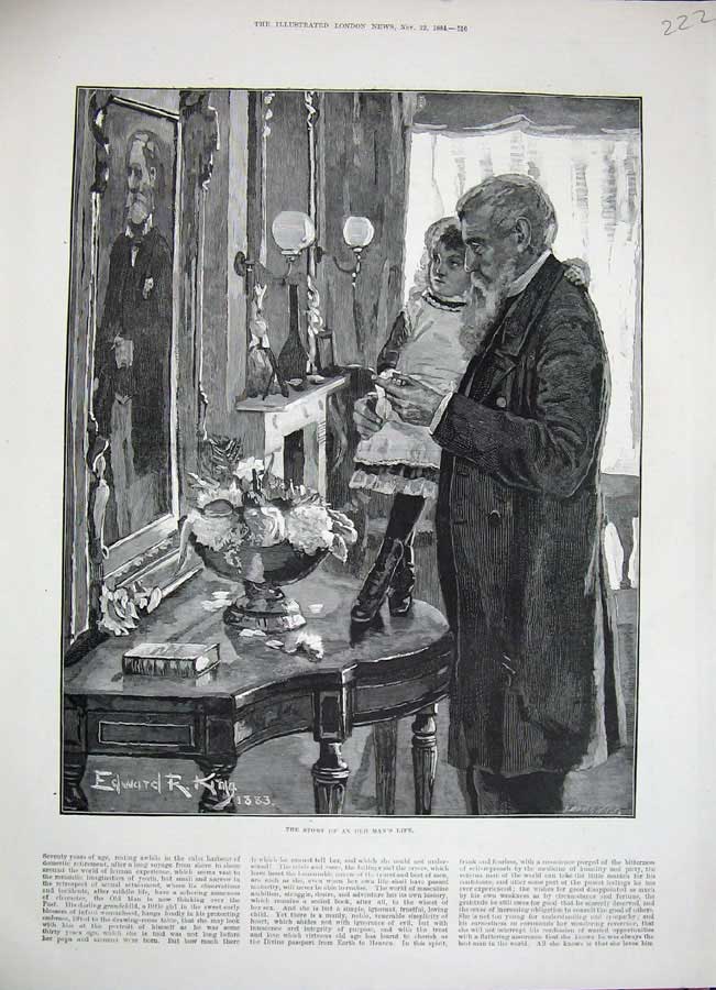 Original Old Antique Print 1884 King Fine Art Man Little Girl Story People 19th